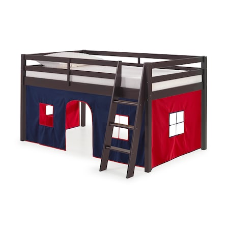 Alaterre Furniture Roxy Twin Wood Junior Loft Bed with Espresso with Blue and Red Bottom Tent AJRX10P0ATBRE